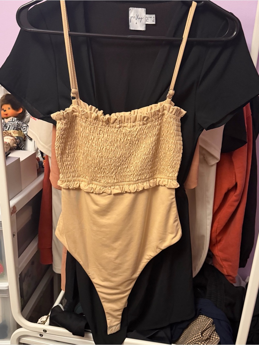Princess Polly Beige and White Smocked Bodysuit with Adjustable Straps